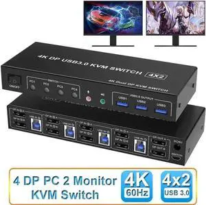 Vszerda USB 3.0 Displayport KVM Switch 2 Monitors 4 Computers 4K 60Hz, Dual Monitor Displayport KVM Switch 4 Port with Audio Microphone Output and 3 USB 3.0 Ports, Display Port KVM Switch 4 in 2 Out Vszerda USB 3.0 Displayport KVM Switch 2 Monitors 4 Computers 4K 60Hz, Dual Monitor Displayport KVM Switch 4 Port with Audio Microphone Output and 3 USB 3.0 Ports, Display Port KVM Switch 4 in 2 Out