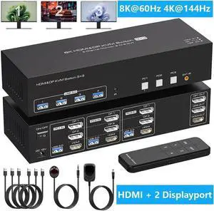 Vszerda 8K@60Hz 1 HDMI + 2 Displayport KVM Switch 3 PC 3 Monitors, 4K@144Hz Triple Monitor KVM Switcher for 3 Computers Share 3 Monitors and 4 USB 3.0 Devices with 3 USB Cable and DC12V Adapter Vszerda 8K@60Hz 1 HDMI + 2 Displayport KVM Switch 3 PC 3 Monitors, 4K@144Hz Triple Monitor KVM Switcher for 3 Computers Share 3 Monitors and 4 USB 3.0 Devices with 3 USB Cable and DC12V Adapter