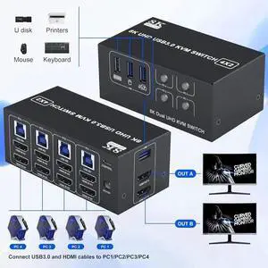 Vszerda Dual Monitor HDMI KVM Switch 2 Monitors 4 Computers Support 8K@60Hz 4K@120Hz, 4 in 2 Out HDMI KVM Switcher PC Extended Display, HDMI Monitor Switch for 4 PCs Share 2 Monitors 4 USB Devices Vszerda Dual Monitor HDMI KVM Switch 2 Monitors 4 Computers Support 8K@60Hz 4K@120Hz, 4 in 2 Out HDMI KVM Switcher PC Extended Display, HDMI Monitor Switch for 4 PCs Share 2 Monitors 4 USB Devices