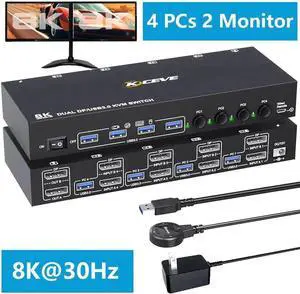 Displayport KVM Switch 4 Computers 2 Monitors 8K@30Hz 4K@144Hz, Dual Monitor DP KVM Switch for 4 Computers Share 2 Monitor and 4 USB 3.0 Port Keyboard Mouse,Wired Remote and USB Cables Included Displayport KVM Switch 4 Computers 2 Monitors 8K@30Hz 4K@144Hz, Dual Monitor DP KVM Switch for 4 Computers Share 2 Monitor and 4 USB 3.0 Port Keyboard Mouse,Wired Remote and USB Cables Included