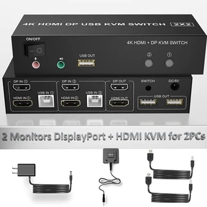 Vszerda DisplayPort HDMI Dual Monitor KVM Switch 4K@60Hz 2 in 2 Out Displayport and HDMI KVM Switch 2 Computers Share 2 Monitors and one Set of Keyboard, Mouse, 2xUSB Cables and 1xController Vszerda DisplayPort HDMI Dual Monitor KVM Switch 4K@60Hz 2 in 2 Out Displayport and HDMI KVM Switch 2 Computers Share 2 Monitors and one Set of Keyboard, Mouse, 2xUSB Cables and 1xController