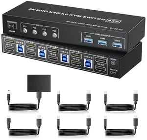 Vszerda DisplayPort KVM Switch Box for 4 Computers Share 2 Monitors, DP KVM Switch with 3 USB 3.0 Ports, Support 4K@60Hz Copy Extended Splicing Display, Button Controller & 4 USB Cables Included Vszerda DisplayPort KVM Switch Box for 4 Computers Share 2 Monitors, DP KVM Switch with 3 USB 3.0 Ports, Support 4K@60Hz Copy Extended Splicing Display, Button Controller & 4 USB Cables Included