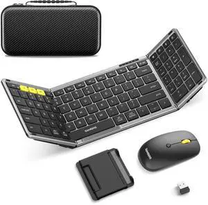 Foldable Keyboard and Mouse,  Folding Bluetooth Keyboard Combo, 2.4G + BT5.0 x 2, Full-Size Portable Travel Keyboard & USB-C Rechargeable Wireless Mouse for Windows Android iOS Mac OS