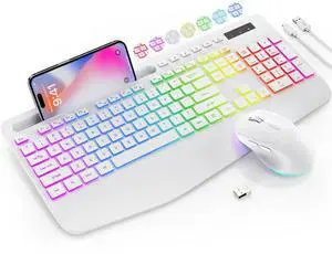 Wireless Keyboard and Mouse Combo, 9 Backlit Effects, Wrist Rest, Phone Holder, 2.4G Lag-Free Ergonomic Keyboards, Rechargeable Silent Cordless Set for Computer, Laptop, Mac, WindowsWhite
