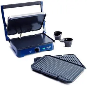 Ceramic Nonstick, Electric Contact Sizzle Griddle with Grill and Waffle Plates, Open Flat Design, Dishwasher Safe Removable Plates, Adjustable Temperature Control, PFAS-Free, Blue