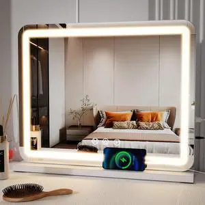 Vanity Mirror with Lights, 23 Inch Large Makeup Mirror with LED Lights, Smart Touch Dimmable 3-Color Light, Memory Function, USB Charging Port, and Magnifying Glass