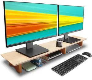 Large Dual Monitor Stand Riser, Solid Wood Desk Shelf with Eco Cork Legs for Laptop Computer/TV/PC/Printers, Perfect Desktop Stands Organizer with Underneath Storage for Office Accessories
