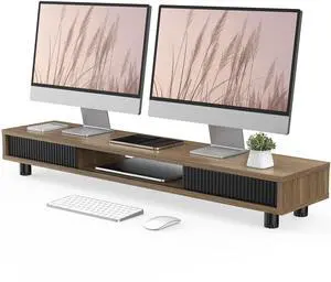 Dual Monitor Stand, 42.5inch Long Monitor Stands Riser for 2 Monitors, Sliding Door with Storage Organizer Stand for Desk, 2 Tier Desk Shelf for Laptop, Pc, Printer, Computer, TV