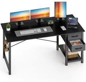 48 Inch Computer Desk with Drawers for Home Office, Writing Desk with X-Shaped Reinforcement, Wood Table with Adjustable Position Drawers, Modern Study Work Table with Side Hook, Black
