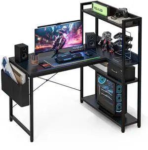 40 Inch L Shaped Computer Desk with Reversible Storage Shelves, Home Office Corner Desk Study Writing Table with Hutch, Study, Black