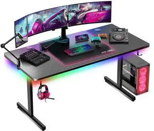 Gaming Desk 55 Inch with LED Lights, Large Computer Desk with Mouse Pad for Home Office, T-Shaped Carbon Fibre Surface PC Game Workstations with Headphone Hook Gaming Desk 55 Inch with LED Lights, Large Computer Desk with Mouse Pad for Home Office, T-Shaped Carbon Fibre Surface PC Game Workstations with Headphone Hook
