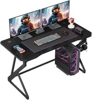 Gaming Desk Z Shaped 40 Inch Gamer Workstation, Home Computer Carbon Fiber Surface Gaming Desk PC Table with Headphone Hook, Carbon Fiber Black