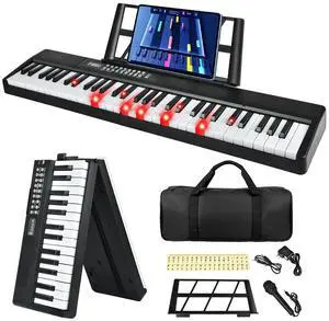 61 Key Keyboard Piano, Semi Weighted Electric Piano, Lighted Keys,8H Battery Life, USB-MIDI Keyboard -Includes Music Stand, Microphone, Stickers, Bag, Foldable Keyboard Piano for Kids/Beginners 61 Key Keyboard Piano, Semi Weighted Electric Piano, Lighted Keys,8H Battery Life, USB-MIDI Keyboard -Includes Music Stand, Microphone, Stickers, Bag, Foldable Keyboard Piano for Kids/Beginners