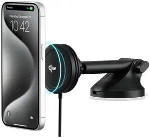 Velox Qi2 Mini 15W Wireless Charger Car Mount - Dash & Windshield Car Phone Holder - MagSafe Compatible iPhone Mount for Qi2 Smartphones (iPhone 12, 13, 14, 15, and 16) - Car Charger Included