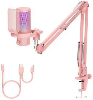 VM1 Pink Gaming PC USB Microphone Condenser Mic with Noise Cancellation Mute RGB Light, Computer Accessories Gifts for Gamer YouTube Twitch Podcast Streaming Recording Online Chat PS4 PS5