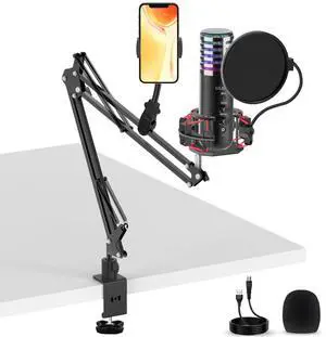 USB Condenser Microphone for PC PS4, PS5 Streaming Singing Podcast Studio, Computer Cardioid Gaming Mic Kit for Recording YouTube with Boom Arm Stand Pop Filter, Mute Button, Volume, Echo