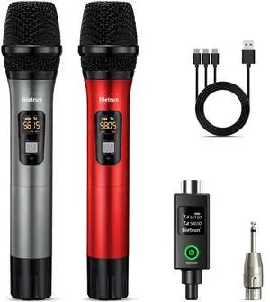 XLR Wireless Microphone, UHF Dual Handheld Dynamic Metal Mic Set with Rechargeable Receiver, XLR to 1/4'' Adapter, for Karaoke, Church, Wedding, Party Singing(160 ft Range)(Auto Connect)
