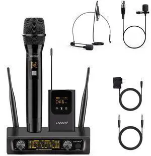 UHF Wireless Microphone System Set: Metal Cordless Handheld/Headset/Lavalier Lapel Mics, Bodypack Transmitter, Receiver - 2*15 Channels 200ft Range for Church, Karaoke Singing, DJ, Wedding, Speech