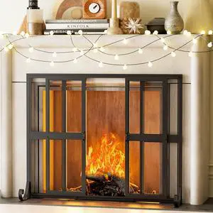Fireplace Screen with Sliding Doors, 37.8" W x 30.7" H Handcrafted Wrought Iron Fire Spark Guard Fire Place Gate Protector for Living Room, Children and Pet Safety(Large)