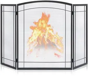 3 Panel Fireplace Screen 48" W x 29" H Modern Foldable with Wrought Metal Decorative Mesh,Arch Heavy Duty Fire Spark Guard Cover for Home Decor Indoor, Black