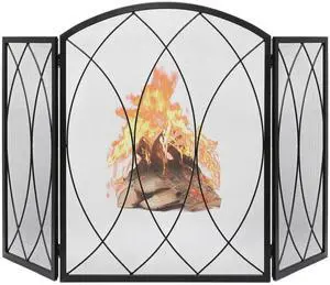 3 Panel Fireplace Screen 48" W x 29.5" H Modern Foldable with Wrought Metal Decorative Mesh,Arch Heavy Duty Fire Spark Guard Cover for Home Decor Indoor, Black
