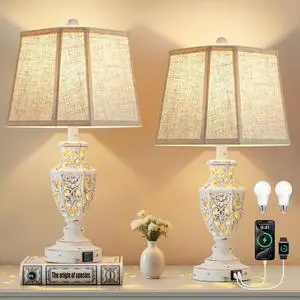 Lamps for Night Stands Set of 2-23.5" Boho Bedside Lamp with USB A+C and Nightlight - Cream Rustic Carved Resin Farmhouse Table Lamp for Bedrooms, End Tables, Living Room, Bulbs Included