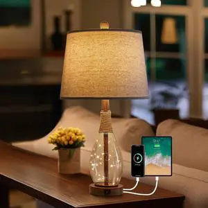 23" USB A+C Table Lamp for Bedroom Living Room Modern Bedside Lamps Retro Farmhouse Rattan Glass Nightstand Nightlight Lamps,Two Light Points