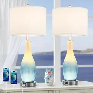 26in Tall Glass Table Lamps Set of 2 with 2 USB Charging Ports & LED Nightlight, Large Coastal Table Lamps for Living Room End Table, Modern Beach Lamps for Bedroom Bedside Nightstand, Blue