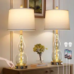 27.5" Clear Glass Table Lamp Set of 2 with Night Light,Bedside Lamps with USB Ports and AC Outlet, Modern Nightstand Lamps Retro Farmhouse lamp for Bedroom Living Room