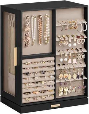 Jewelry Box 360° Rotating, Jewelry Storage Case with 7 Drawers, Jewelry Organizer, Glass Window, Spacious, Vertical Jewelry Storage, Open Design, Christmas Gift, Ink Black UJBC201B01