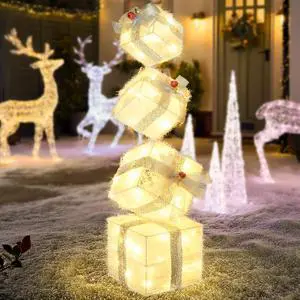 Christmas Lighted Gift Boxes Decorations Set of 4, 3.6Ft Stackable Christmas Nesting Boxes Battery Operated with Timer for Home and Party Decoration