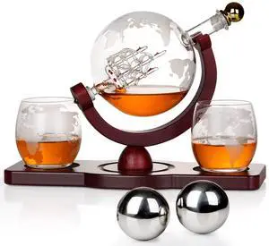 Gifts for Men Dad Christmas, Whiskey Decanter Globe Set with 2 Ball Stones & 2 Glasses, Anniversary Birthday Gifts for Him Husband Boyfriend Brother, Cool Stuff Gift for Bourbon Scotch