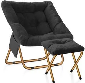 Comfy Saucer Chair, Foldable Living Room Chairs, Soft Faux Fur Lounge Chair for Bedroom, Reading Chairs for Adults,Teens, X-Large (Black)