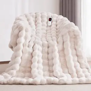 Heated Blanket Throw with 1/2/4/6/8 Hours Auto-Off 10 Heat Level, 50'' * 60'' Cozy Faux Rabbit Fur Bubble Electric Blanket with Overheat Protection(White)