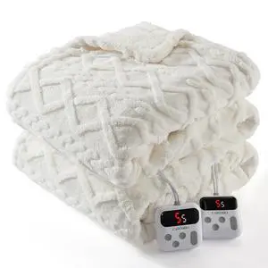 Electric Blanket King Size Dual Control - Thick Tufted Sherpa Heated Blanket with 10 Heating Levels and 10 Time Settings, ETL Certified Fast Heating Blankets King Size 90"×100", White