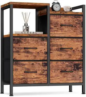 5 Drawer Rustic Brown Dressers for Bedroom 2 Tier Shelf Storage Small Fabric Dresser for Closet Sturdy Metal Frame Modern Style Storage Cabinets Organization Units for Hallway Rooms