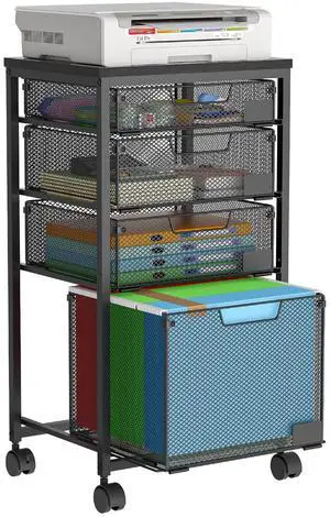 Rolling File Cart with 4 Storage Drawers, Filing Cabinet for Home Office, Hanging File Folder Organizer with Wheels Under Desk, Utility Craft Cart Printer Stand, Black, Patent Pending
