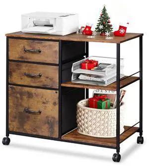3 Drawer Mobile File Cabinet, Rolling Printer Stand with Open Storage Shelf, Fabric Lateral Filing Cabinet fits A4 or Letter Size for Home Office, Rustic Brown Wood Grain Print