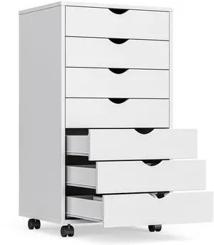 7 Drawer Mobile File Cabinet Under Desk Storage Organization with Wheels Vertical Filing Chest Rolling Wood Small Desk Printer Stand for Home Office, 15.75"D x 18.74"W x 34.25"H, White