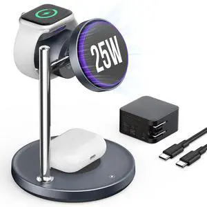 Qi2 25W Wireless Charger, 3 in 1 Charging Station with Cooling Fan, Magnetic Qi2.2 Wireless Charger Stand, Compatible with iPhone 17/16/15/14/13/12, Apple Watch, AirPods (GaN Adapter Included)