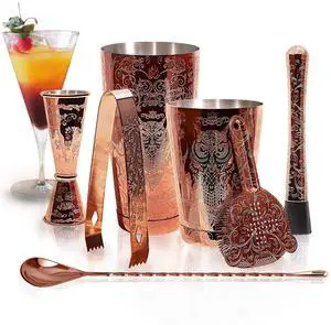 Bartender Kit Cocktail Shaker Set-6 Pieces Stainless Steel Copper Plated Etching Bar Tools with Boston Shaker Tins,Mixing Spoon,Mojito Muddler,Jigger,Hawthorne Strainer,Ice Tongs Bartender Kit Cocktail Shaker Set-6 Pieces Stainless Steel Copper Plated Etching Bar Tools with Boston Shaker Tins,Mixing Spoon,Mojito Muddler,Jigger,Hawthorne Strainer,Ice Tongs