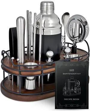 Bartender Kit - 22-Piece Cocktail Shaker & Bar Tool Set - Wooden Stand Display & Bar Cart Accessories - Recipe Book & Housewarming Gifts - 22-Pc, Silver Bartender Kit - 22-Piece Cocktail Shaker & Bar Tool Set - Wooden Stand Display & Bar Cart Accessories - Recipe Book & Housewarming Gifts - 22-Pc, Silver