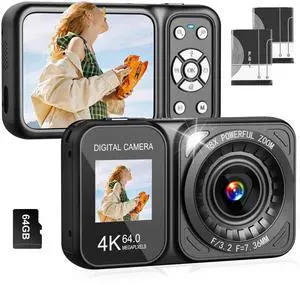 Digital Camera, 4K 64MP Dual Screens Camera, 18X Zoom, Point and Shoot Digital Camera with 64GB TF Card & 2 Batteries, Portable Rechargeable Small Camera for Kids Teens Adult, Black