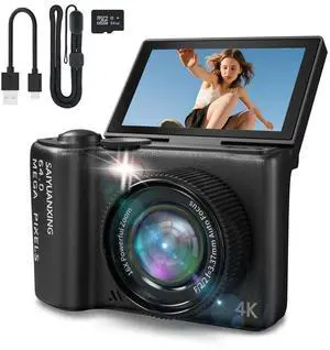 16X Zoom 4K Digital Camera for Photography and Video, Point and Shoot Digital Cameras with Flip Screen, Small Digital Camera, Vlogging Camera for YouTube Video Recording (Black)