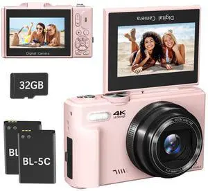 4K Digital Camera, 64MP Compact Vlogging Camera for Photography with WiFi and 3" 180° Flip Screen, 18X Digital Zoom, Ideal for YouTube Creators, Includes 2 Batteries & 32GB Micro SD Card, Pink 4K Digital Camera, 64MP Compact Vlogging Camera for Photography with WiFi and 3" 180° Flip Screen, 18X Digital Zoom, Ideal for YouTube Creators, Includes 2 Batteries & 32GB Micro SD Card, Pink