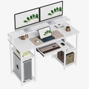 Computer Desk with Keyboard Tray, 47 Inch Office Desk with Monitor Stand and Storage Shelves, Music Studio Desk, Work Table Gaming Desk, White
