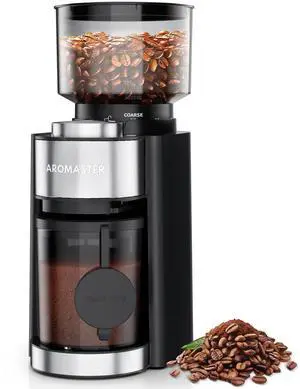 Burr Coffee Grinder with 25 Grind Setting, Adjustable 2-12 Cups Timer, Professional Conical Coffee Bean Grinders for Home Use, 3-Ears Portafilter Holder, Anti-static, Cleaning Brush, Black
