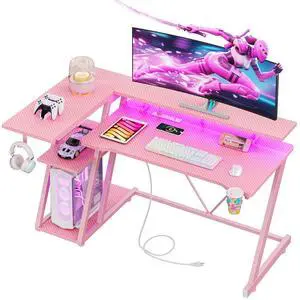 47 Inch Pink Gaming Desk with Power Outlet & LED Lights, Corner Computer Desk with 3 Tiers Storage Shelves, L Shaped Gaming Desk with Monitor Stand for Bedroom