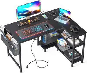 40 Inch Small L Shaped Gaming Computer Desk with Power Outlets, Reversible Storage Shelves & PC Stand for Home Office, Simple Writing Study Table with Storage Bag for Small Space, Black