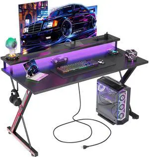 Gaming Desk with Power Outlets & LED 40 Inch Ergonomic Computer Carbon Fiber Surface Gamer Desk, Large Monitor Stand, Headphone Hook, PC Workstation for Bedroom, Black